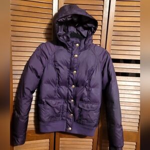 Juicy Couture dark purple down hooded bomber jacket with gold buttons Size Small